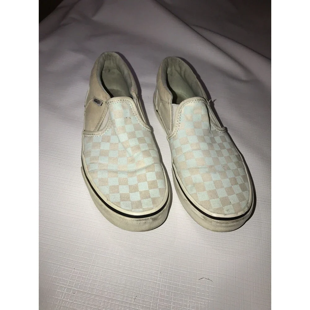 VANS Slip-On Checkerboard Canvas Sneakers Light Blue Beige White-missy 4.5